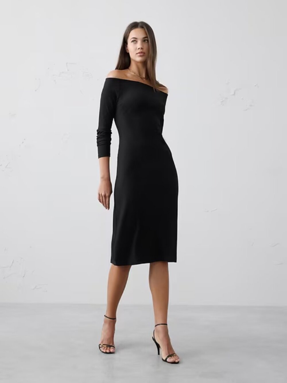 NWT L Black Banana Republic Factory Off The Shoulder Ribbed Midi Dress
